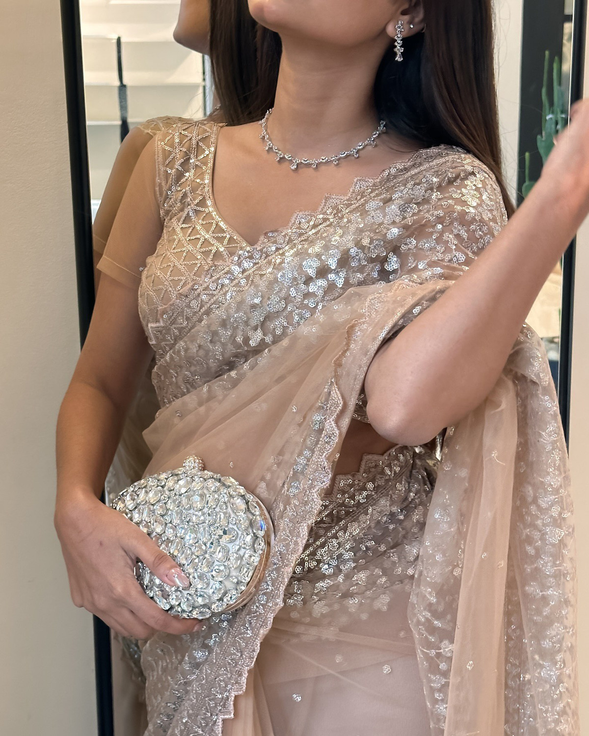 Image of S J Fashion Embellished, Embroidered, Floral Print Bollywood Net Saree (Beige)