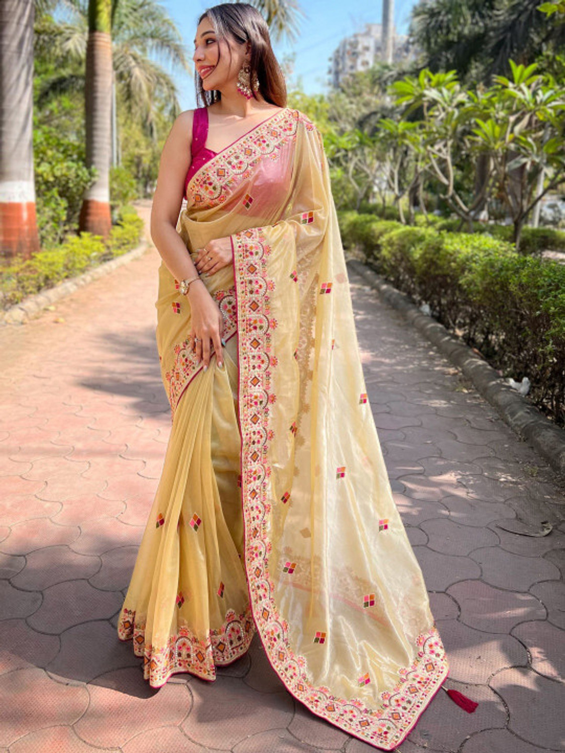 ANOUK Embroidered Yellow Saree with Attached Blouse - Image 6