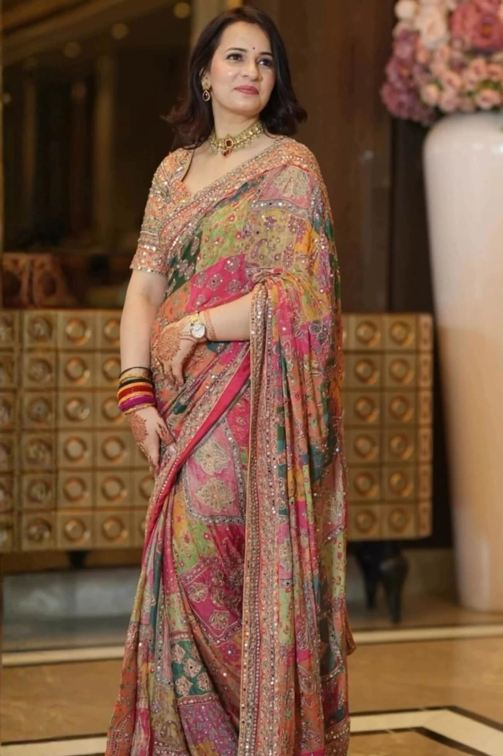 Image of ELARAETHNICS Embellished Bollywood Silk Blend, Chiffon Saree (Multicolor)