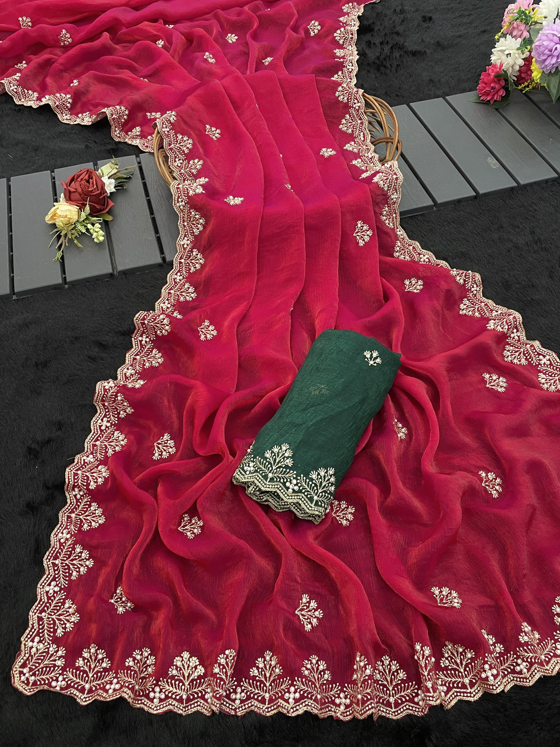 Image of Classy Foriever Embroidered Bollywood Jimmy Jimmy, Tissue Saree (Cream)