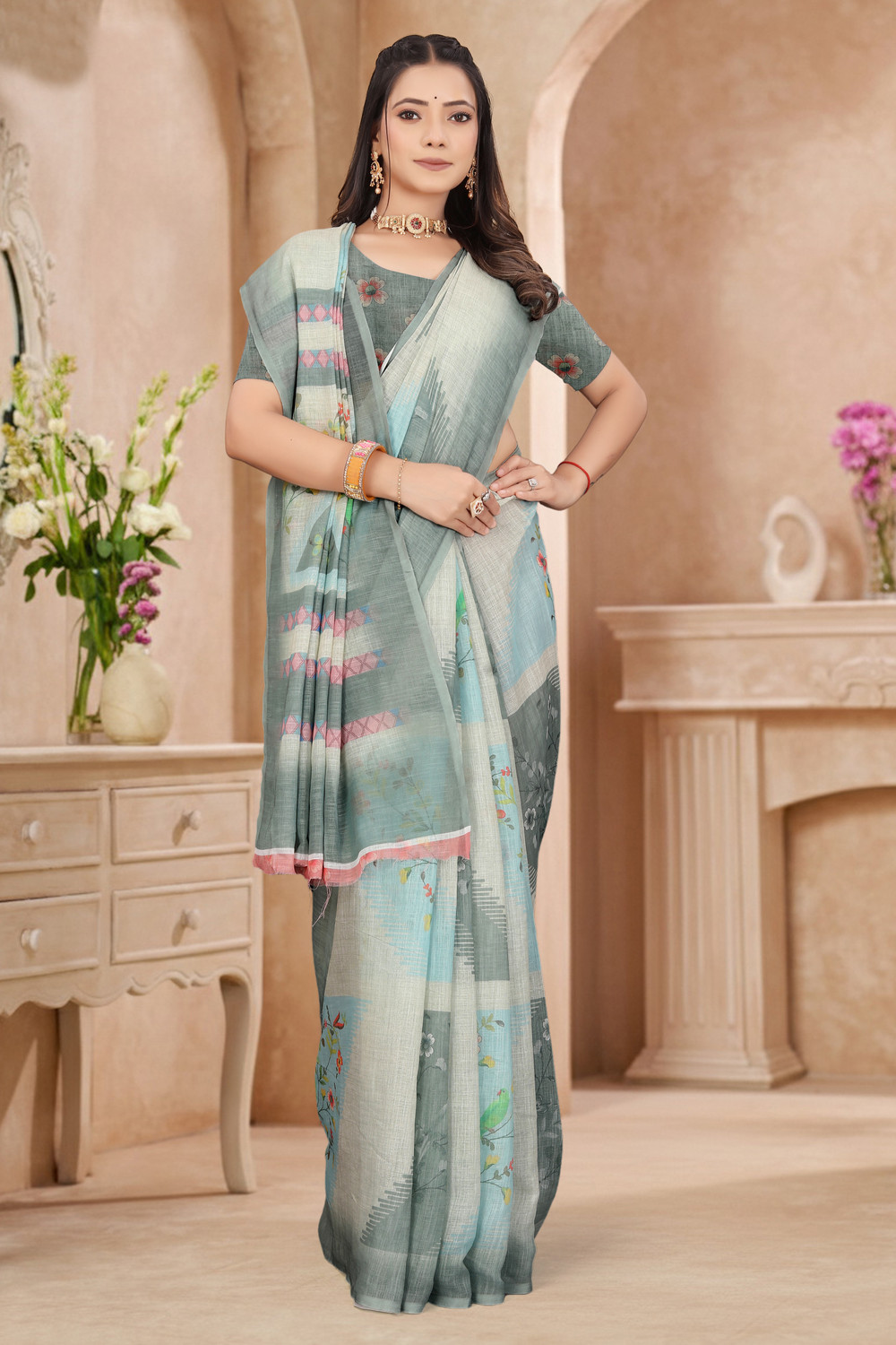 Image of Divastri Digital Print Bollywood Cotton Linen Saree (Grey)