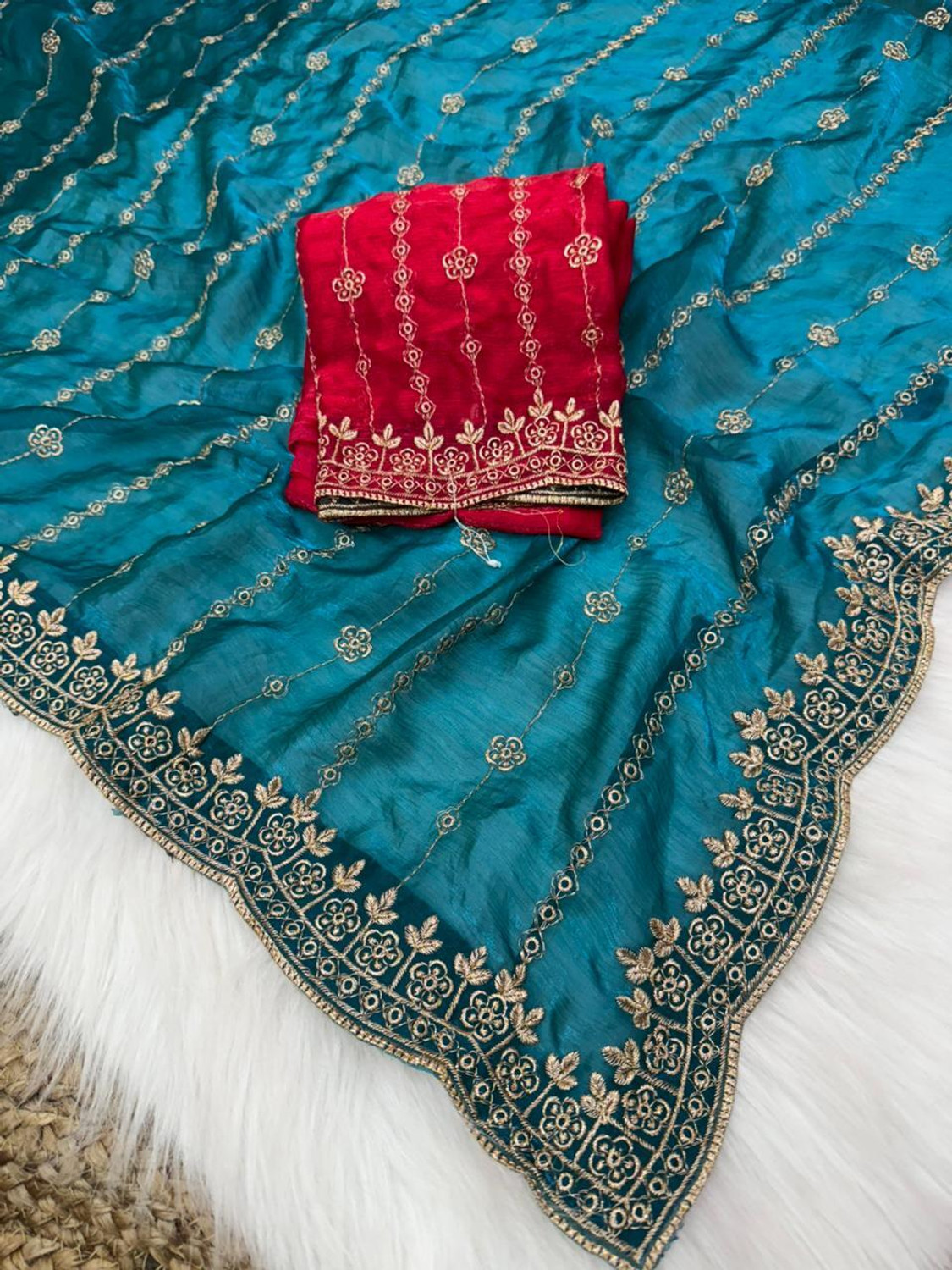 Image of bhavika silk mills Embroidered Bollywood Georgette Saree (Blue)