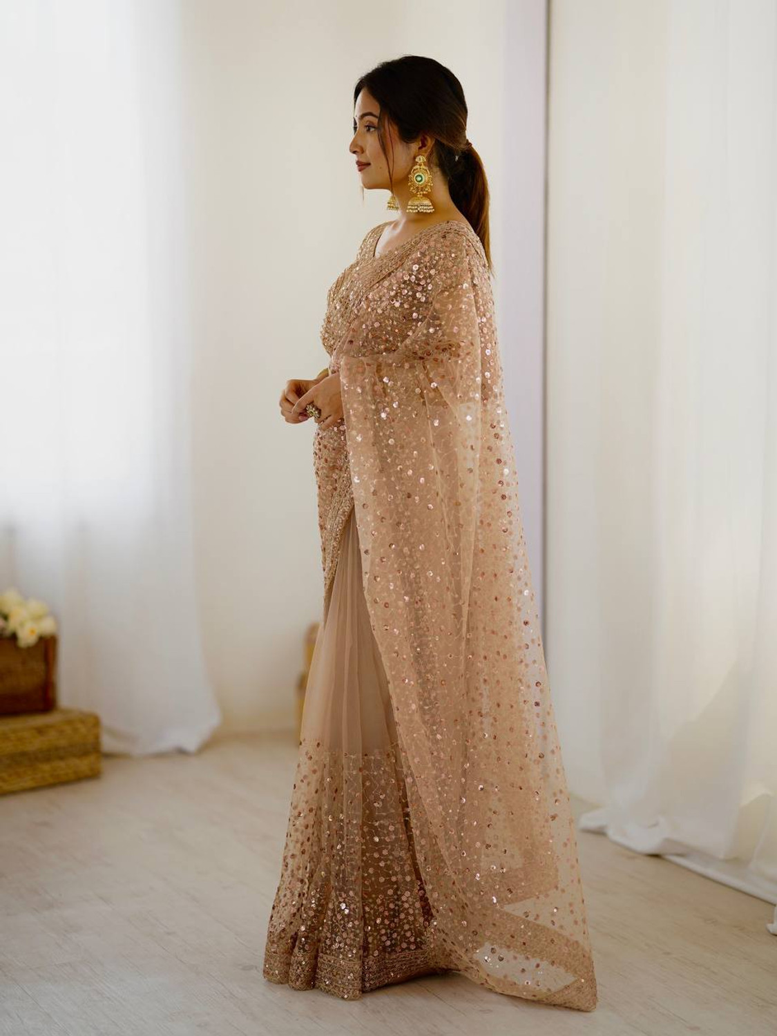 Image of KRISHNACOLLECTION9 Embroidered, Embellished, Self Design Bollywood Net Saree (Pack of 2, Cream)