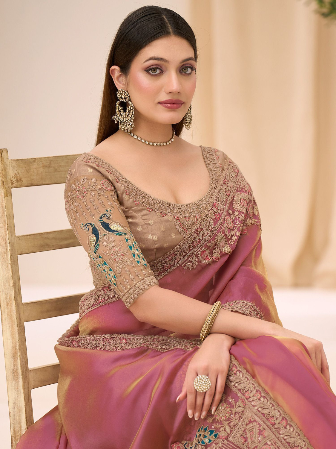 Image of SOLITIQ Ready to Wear Embroidered Pre Draped Saree Silk Blend Saree (Pink)