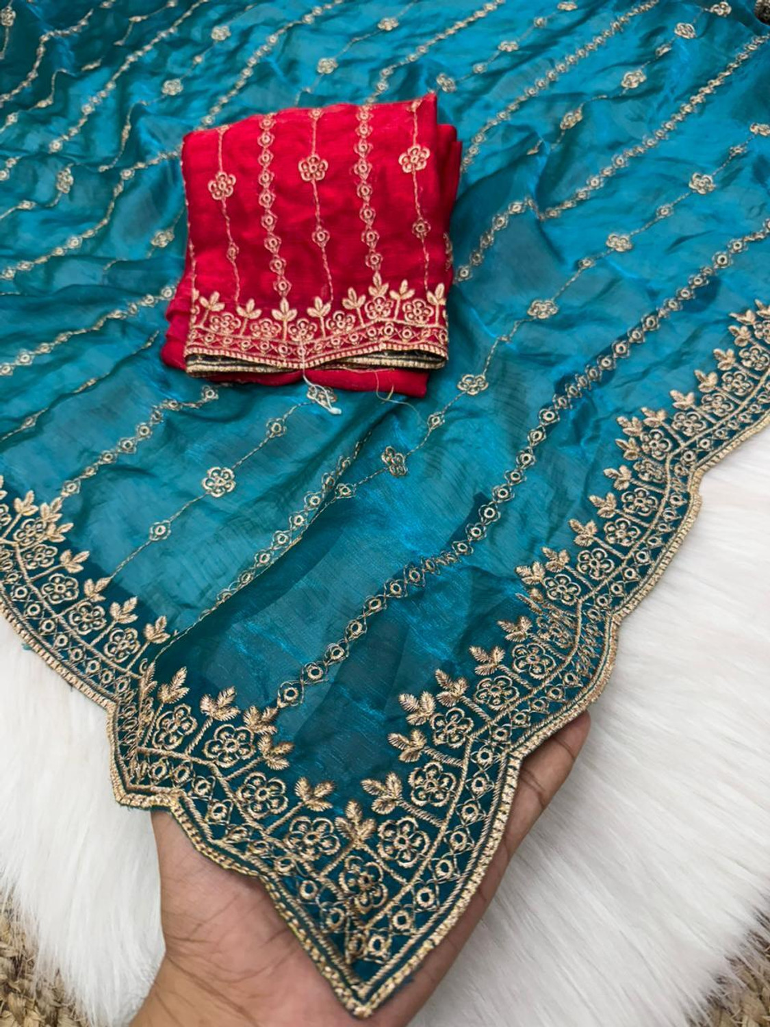 Image of bhavika silk mills Embroidered Bollywood Georgette Saree (Blue)