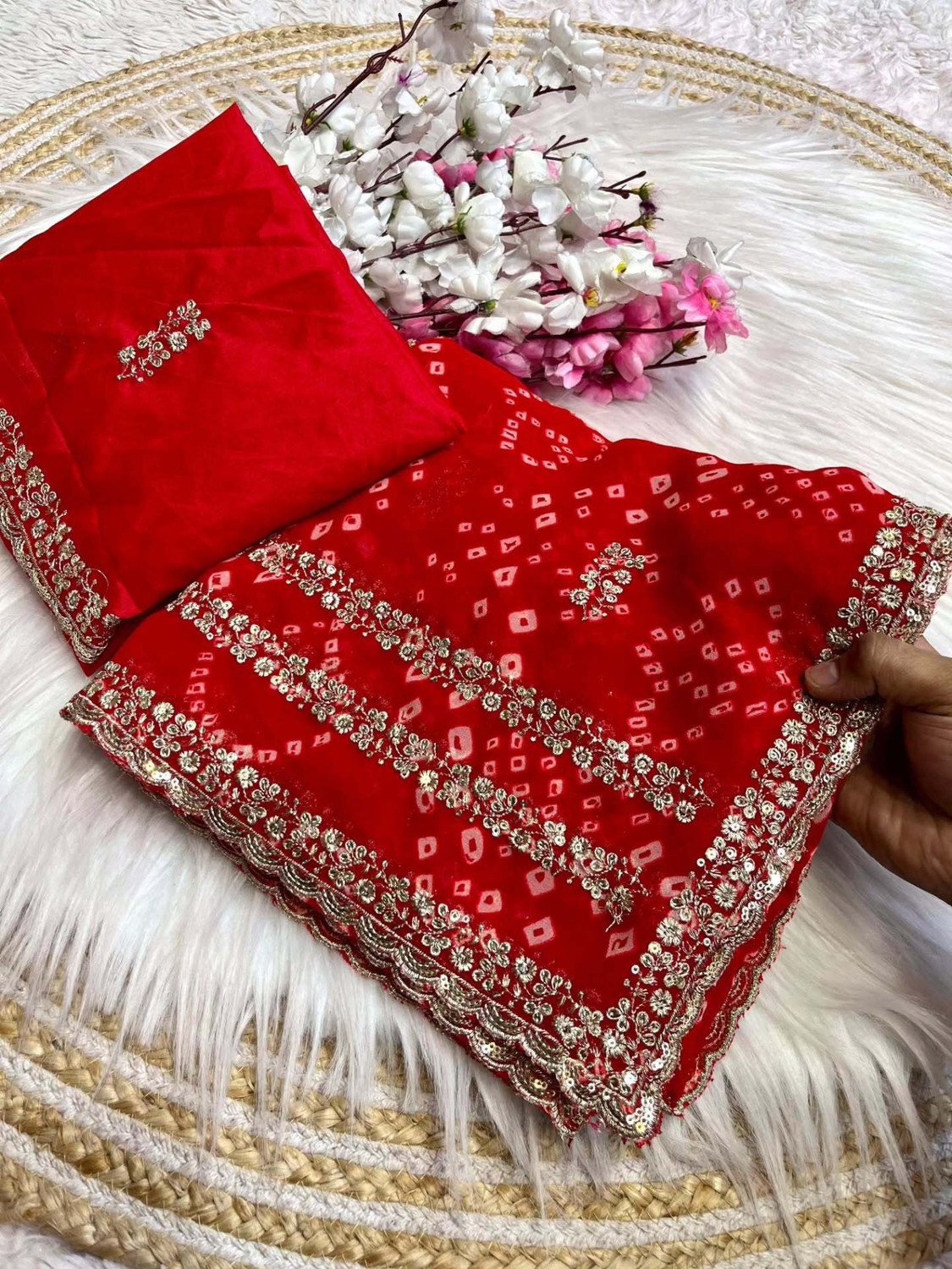 Image of SAMSAAH Embroidered, Tie-Dye Bandhani Georgette Saree (Red)