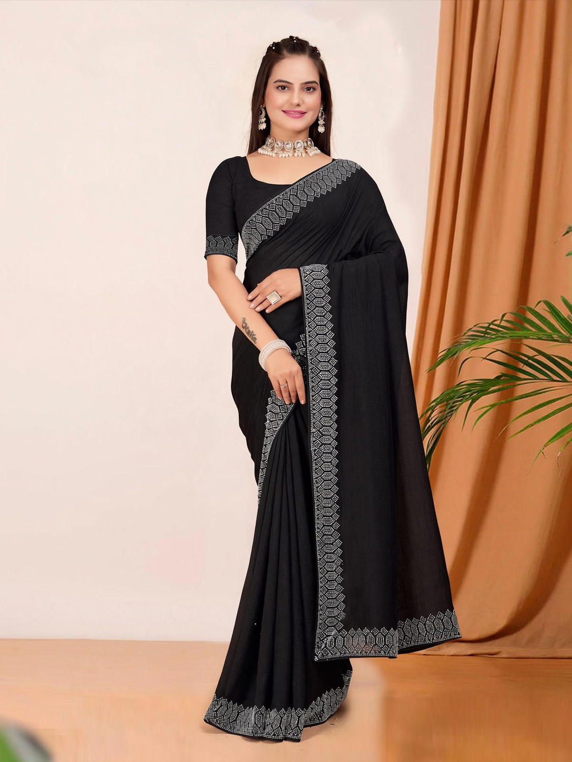 Image of Siril Geometric Print, Printed, Embellished Bollywood Georgette Saree (Green)