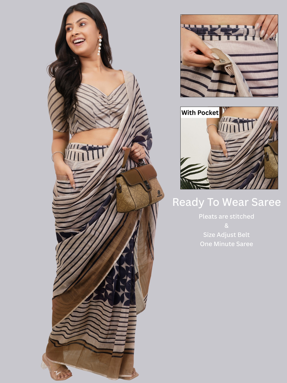 Image of SOLITIQ Ready to Wear Embroidered Pre Draped Saree Silk Blend Saree (Pink)