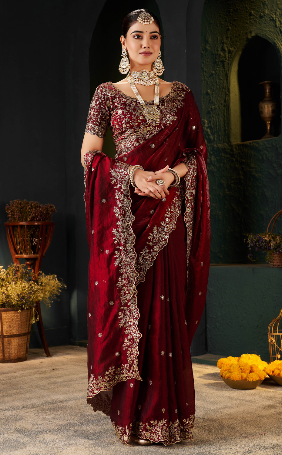 Image of signagraph Embroidered Bollywood Satin Saree (Multicolor)