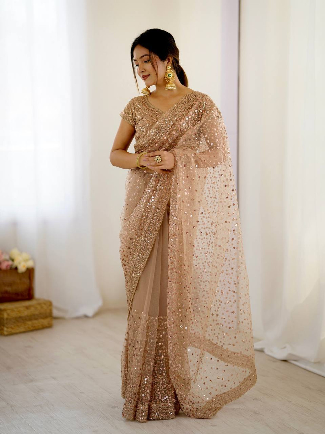 Image of KRISHNACOLLECTION9 Embroidered, Embellished, Self Design Bollywood Net Saree (Pack of 2, Cream)