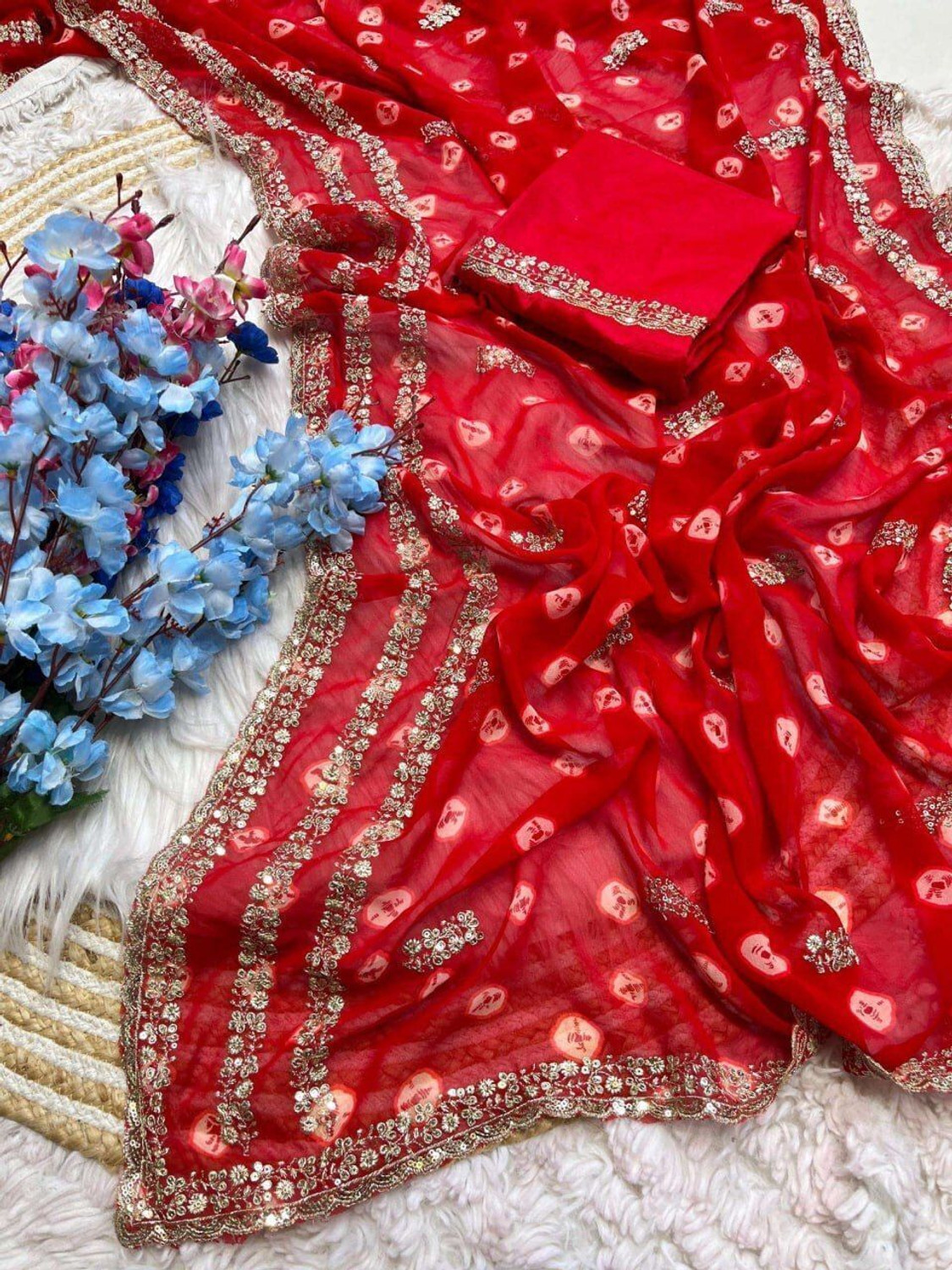 Image of SAMSAAH Embroidered, Tie-Dye Bandhani Georgette Saree (Red)