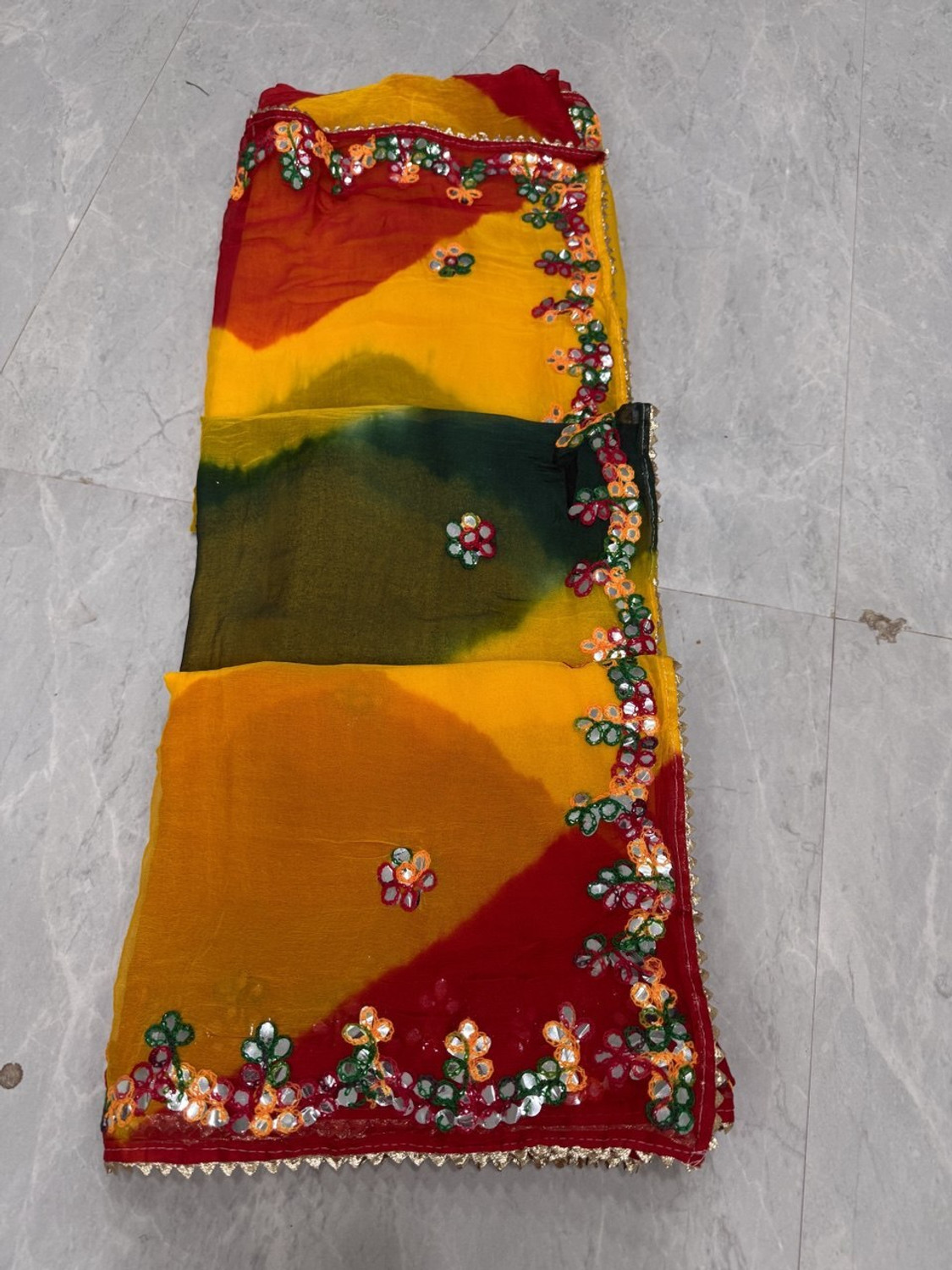 Image of BL Group Tie-Dye Assam Silk Chiffon Saree (Red, Yellow, Dark Green, Gold)