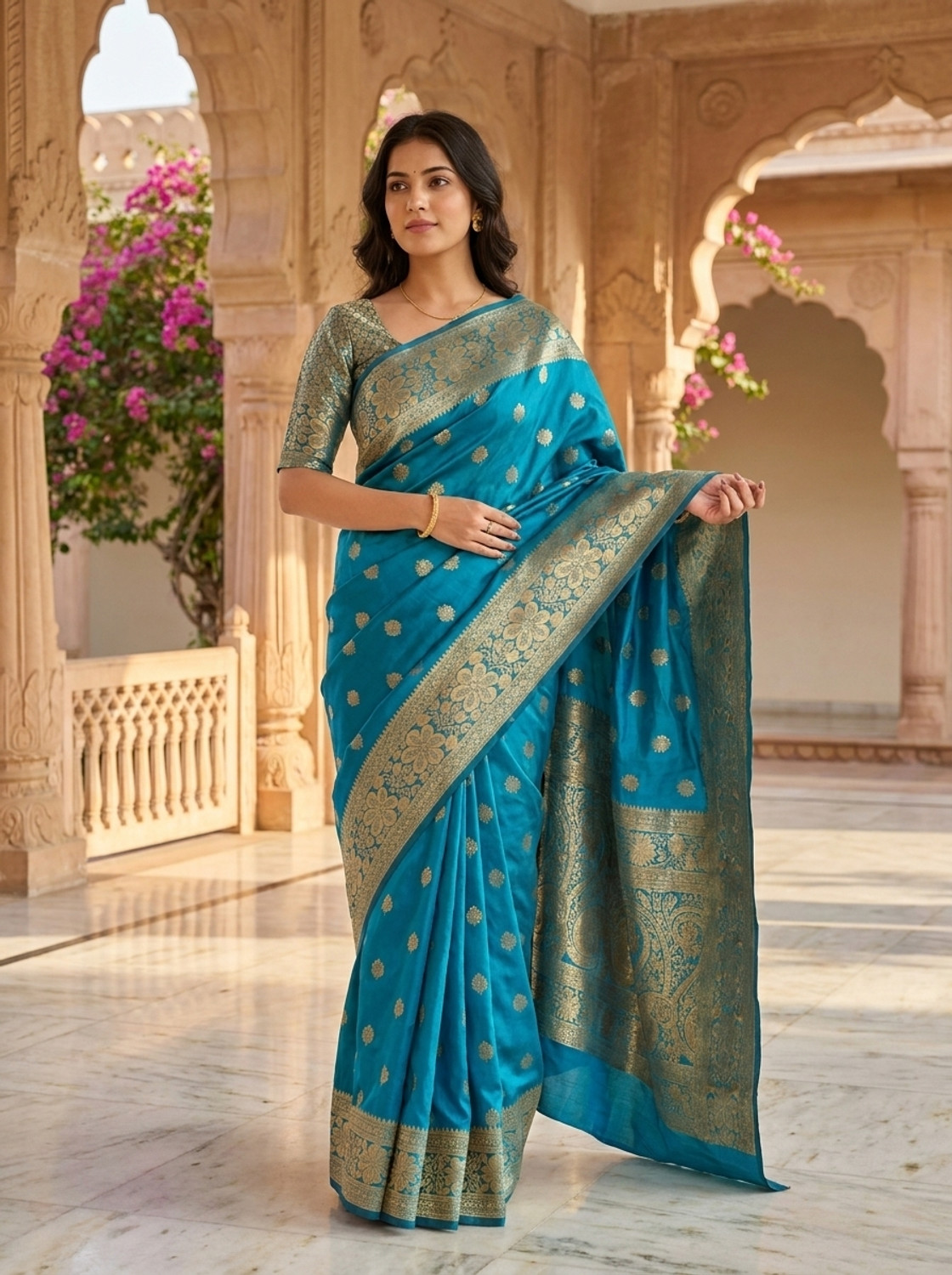 GajGajra Solid/Plain Banarasi Cotton Silk, Jacquard Light Blue Sarees Online @...