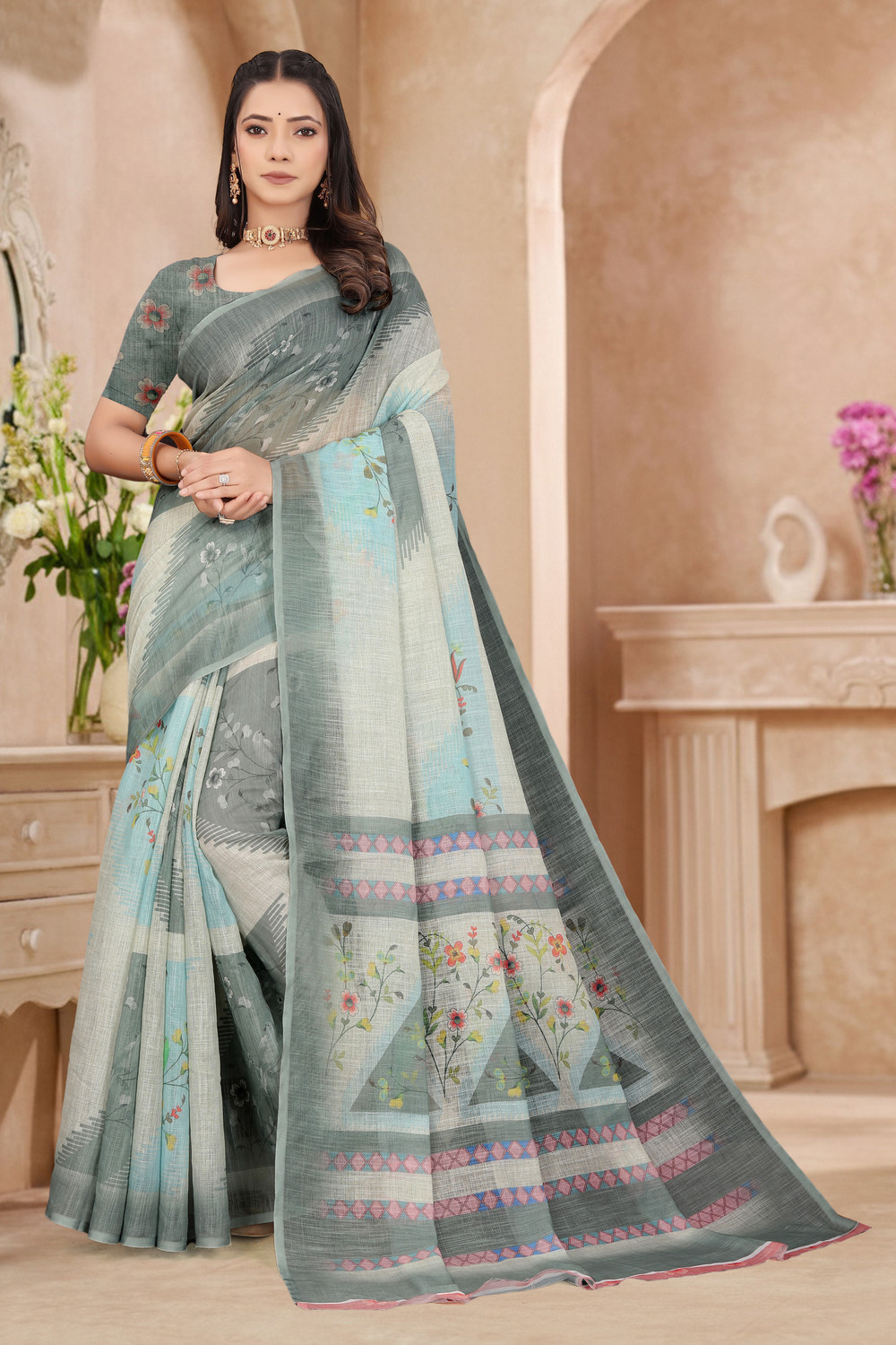Image of Divastri Digital Print Bollywood Cotton Linen Saree (Grey)
