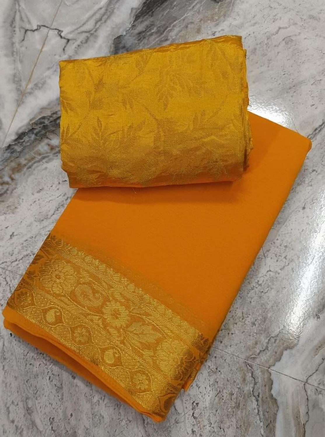 Image of BL Group Tie-Dye Assam Silk Chiffon Saree (Red, Yellow, Dark Green, Gold)