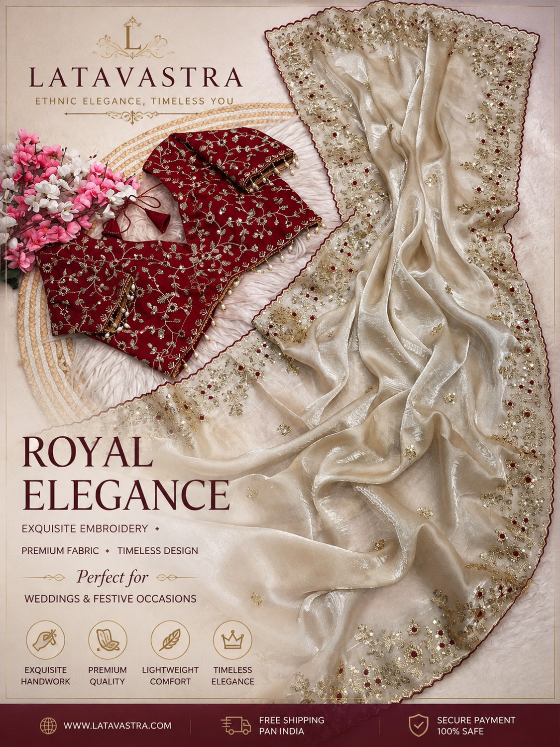Image of Latavastra Embroidered, Embellished, Floral Print Banarasi Jimmy Jimmy, Chiffon Saree (Cream, Maroon)