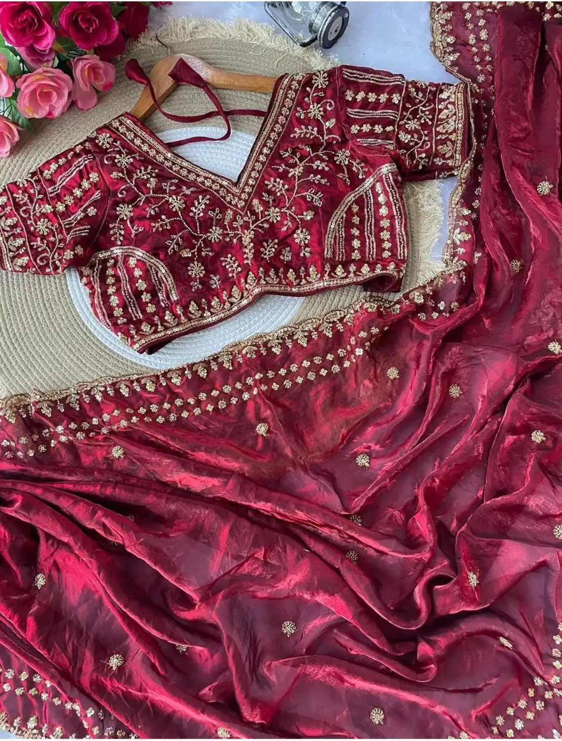 signagraph Embroidered, Embellished, Floral Print Bollywood Chiffon Saree (Maroon) - Image 1