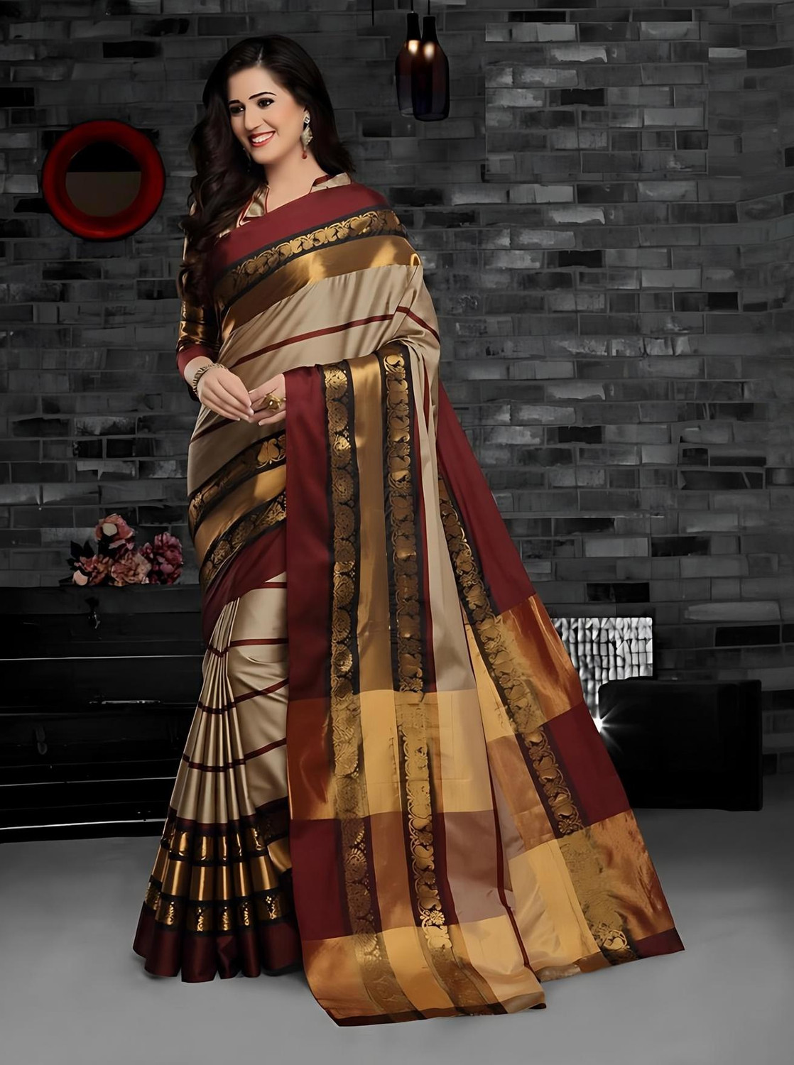 Image of WEYLIN Woven Kanjivaram Jacquard, Pure Silk Saree (Dark Green)