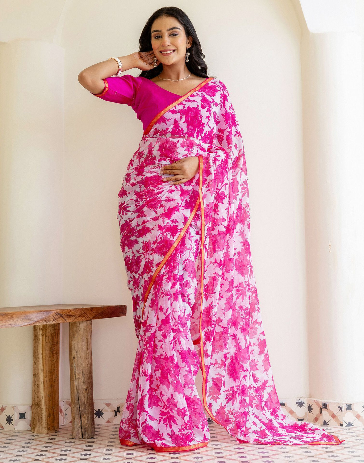Image of NERTA BOUTIQUE Embroidered Bollywood Georgette Saree (Pink)