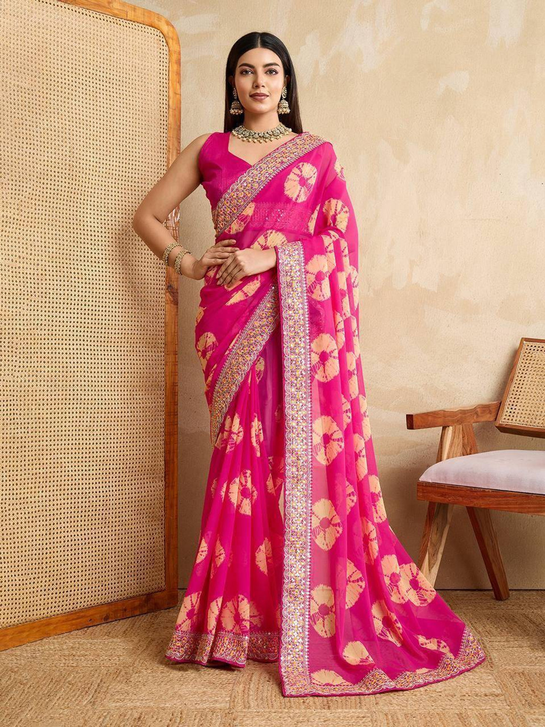 Image of NERTA BOUTIQUE Embroidered Bollywood Georgette Saree (Pink)