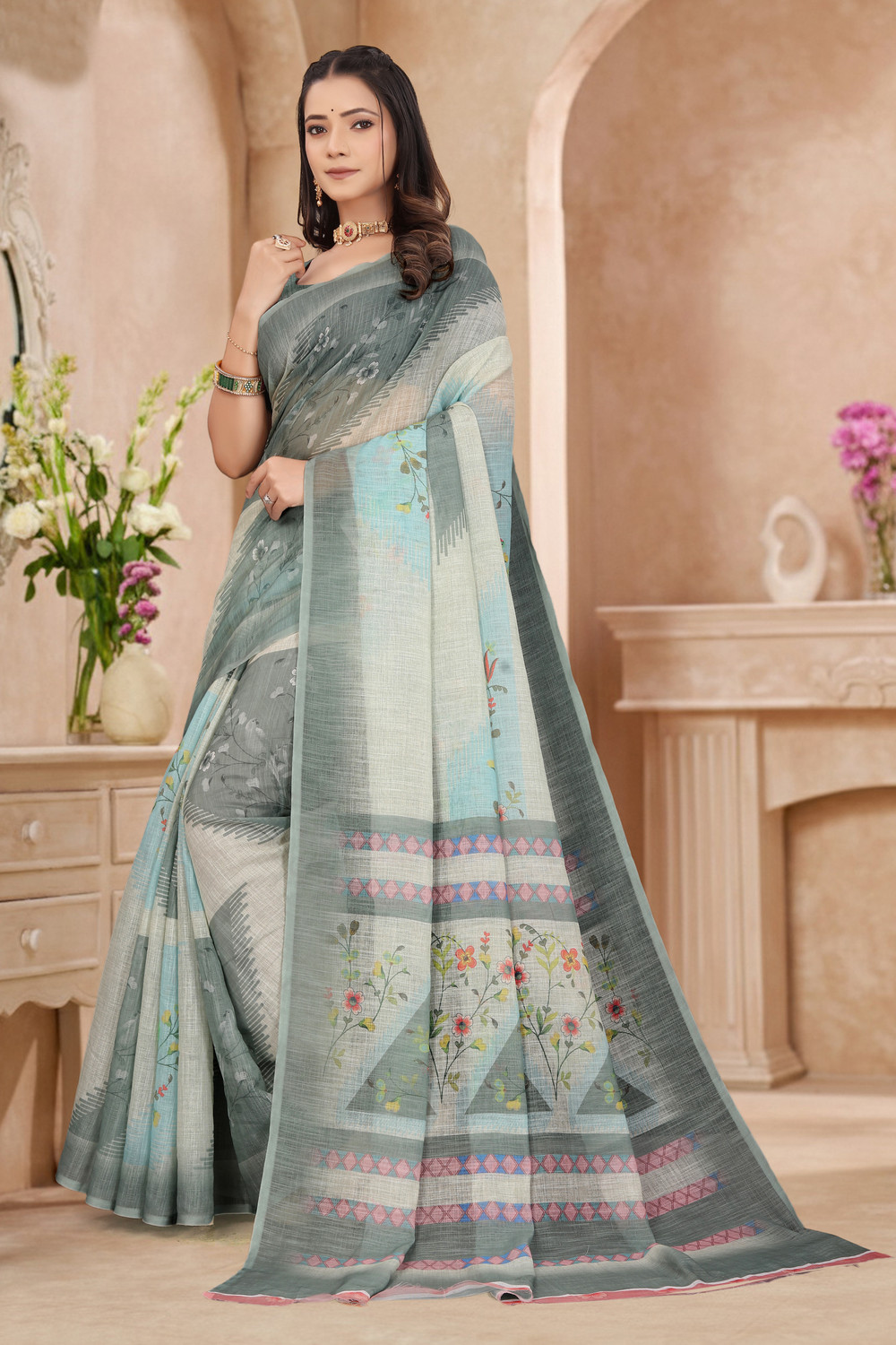 Image of Divastri Digital Print Bollywood Cotton Linen Saree (Grey)