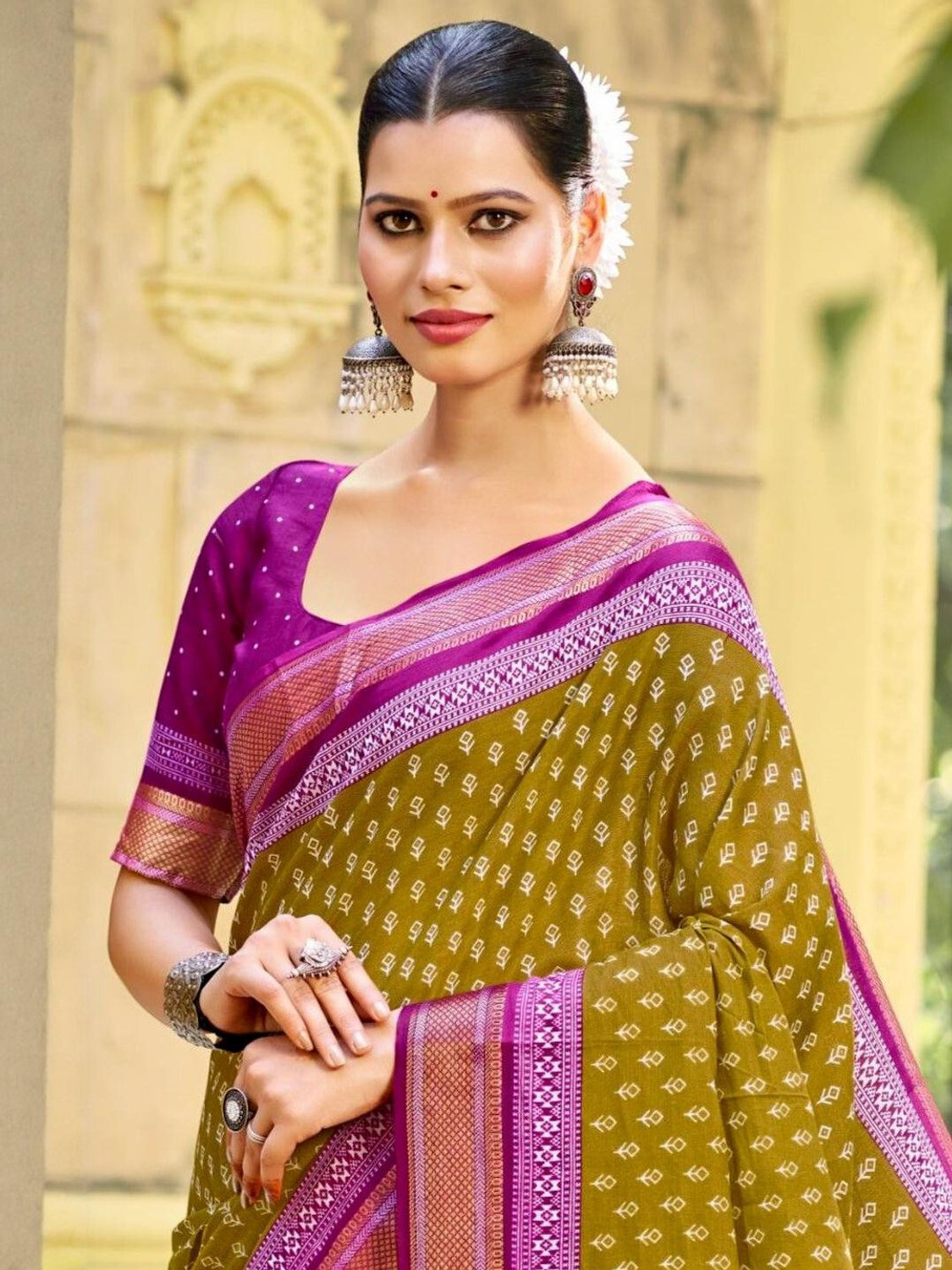 Image of RJ CREATION Floral Print, Printed, Geometric Print Daily Wear Pure Cotton Saree (Pink)