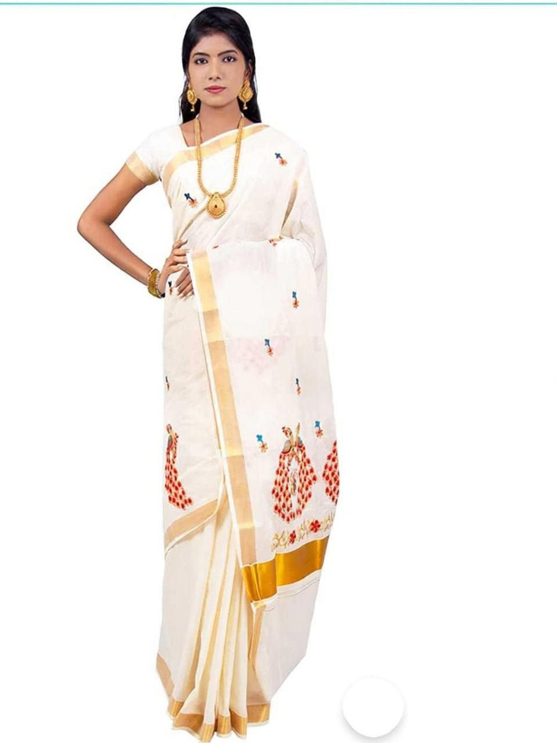 Image of Vasundhara Traders Embroidered Kasavu Cotton Blend Saree (Multicolor)