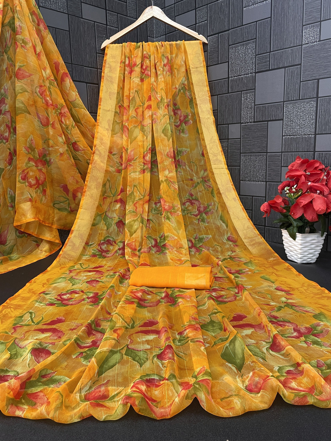 Image of BL Group Tie-Dye Assam Silk Chiffon Saree (Red, Yellow, Dark Green, Gold)