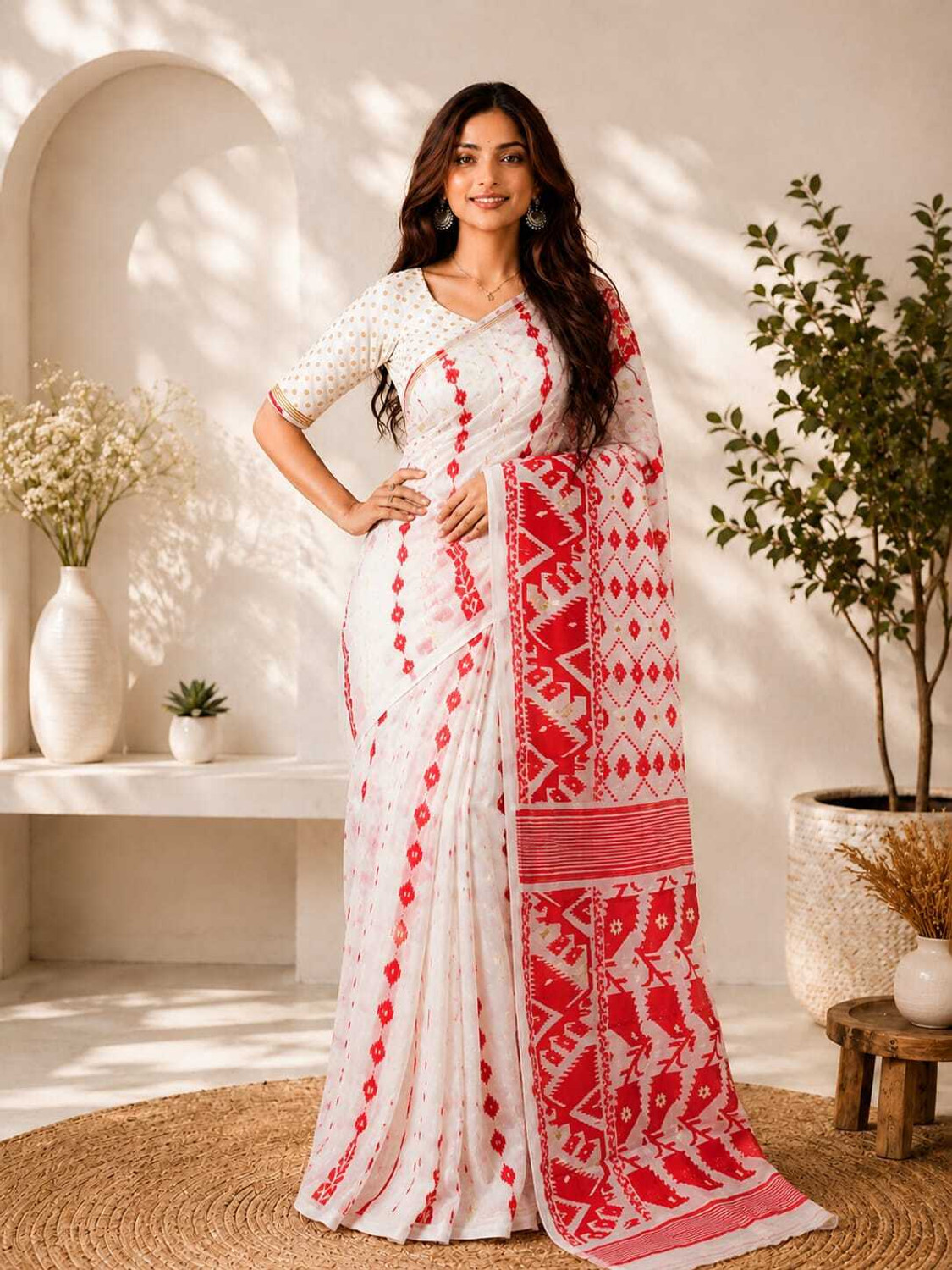 Image of Happy Creation Woven Jamdani Handloom Cotton Blend Saree (Multicolor)