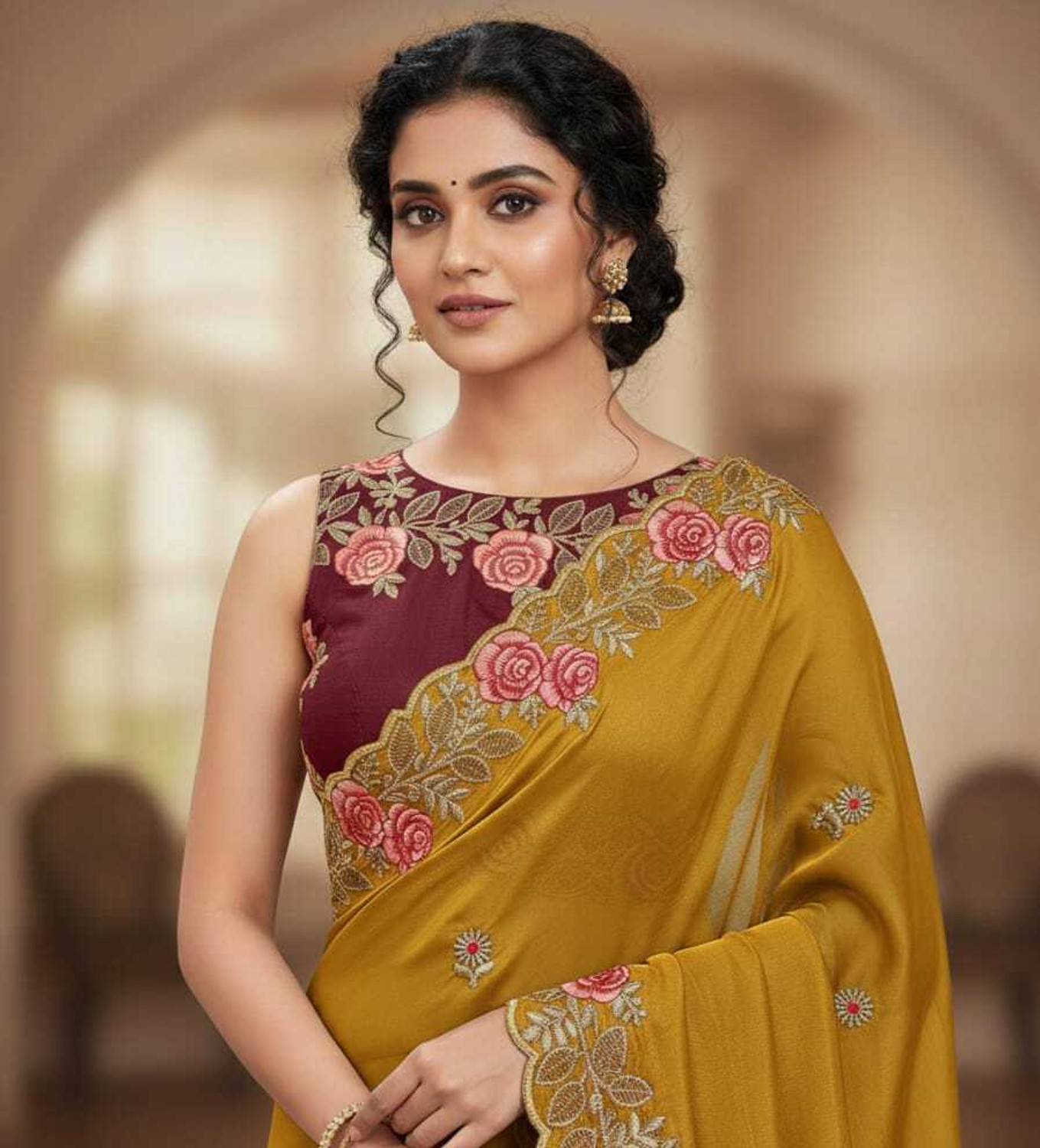 Image of MDS Embroidered, Floral Print, Embellished Bollywood Cotton Linen Saree (Multicolor)