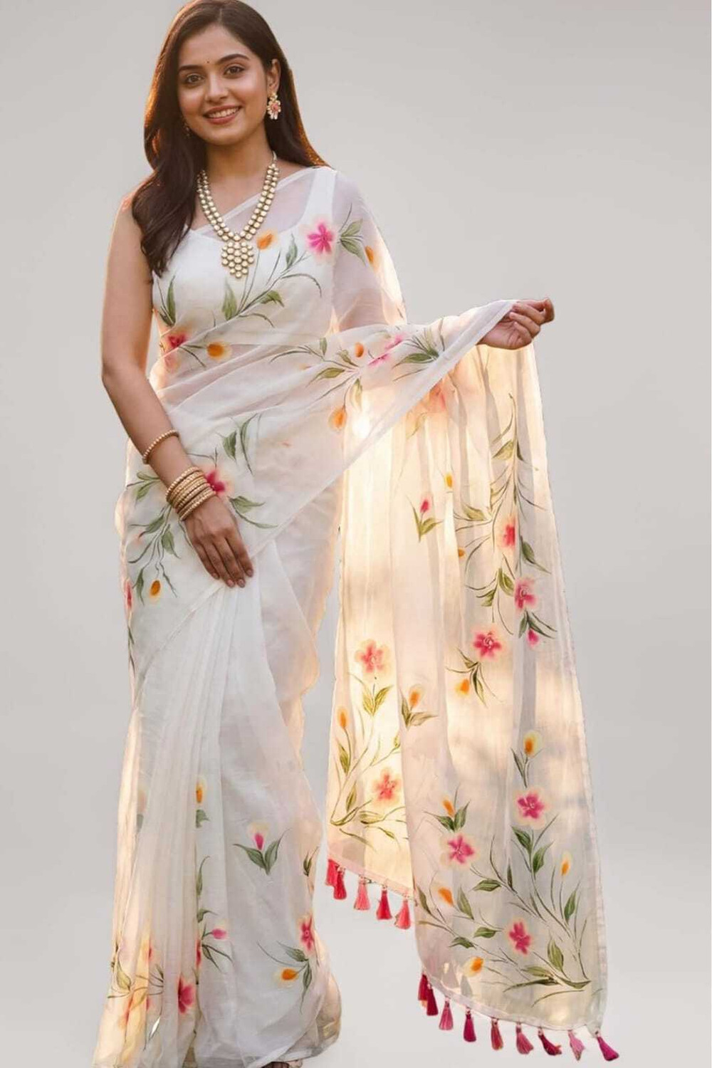 Image of MDS Embroidered, Floral Print, Embellished Bollywood Cotton Linen Saree (Multicolor)