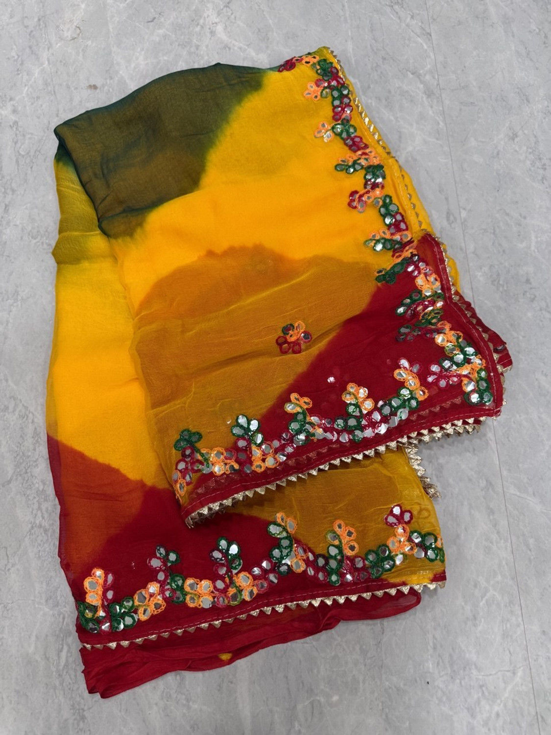 Image of BL Group Tie-Dye Assam Silk Chiffon Saree (Red, Yellow, Dark Green, Gold)