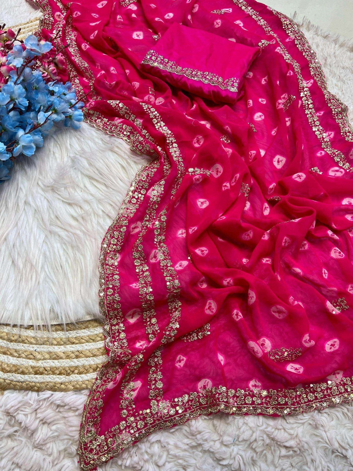 Image of SAMSAAH Embroidered, Tie-Dye Bandhani Georgette Saree (Red)