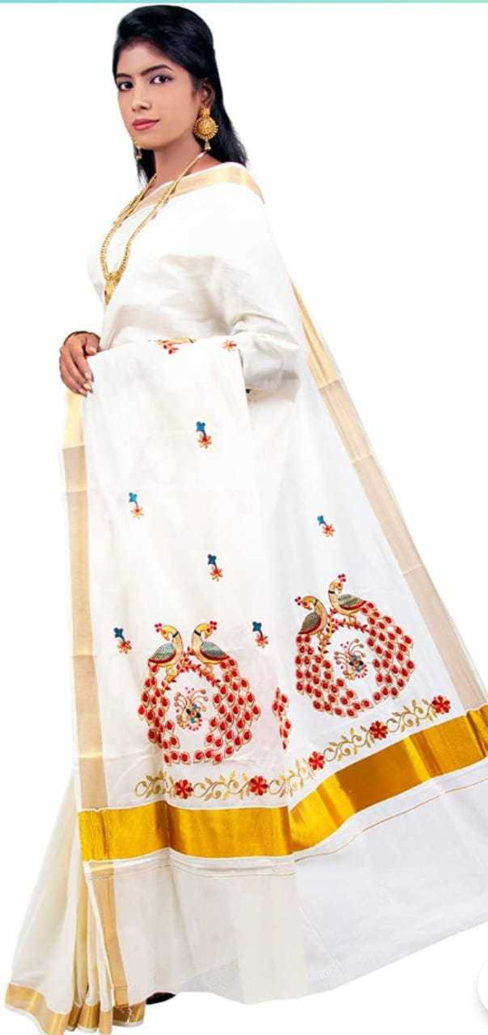 Image of Vasundhara Traders Embroidered Kasavu Cotton Blend Saree (Multicolor)