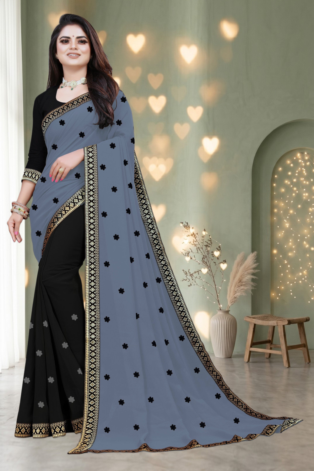 Image of Siril Geometric Print, Printed, Embellished Bollywood Georgette Saree (Green)