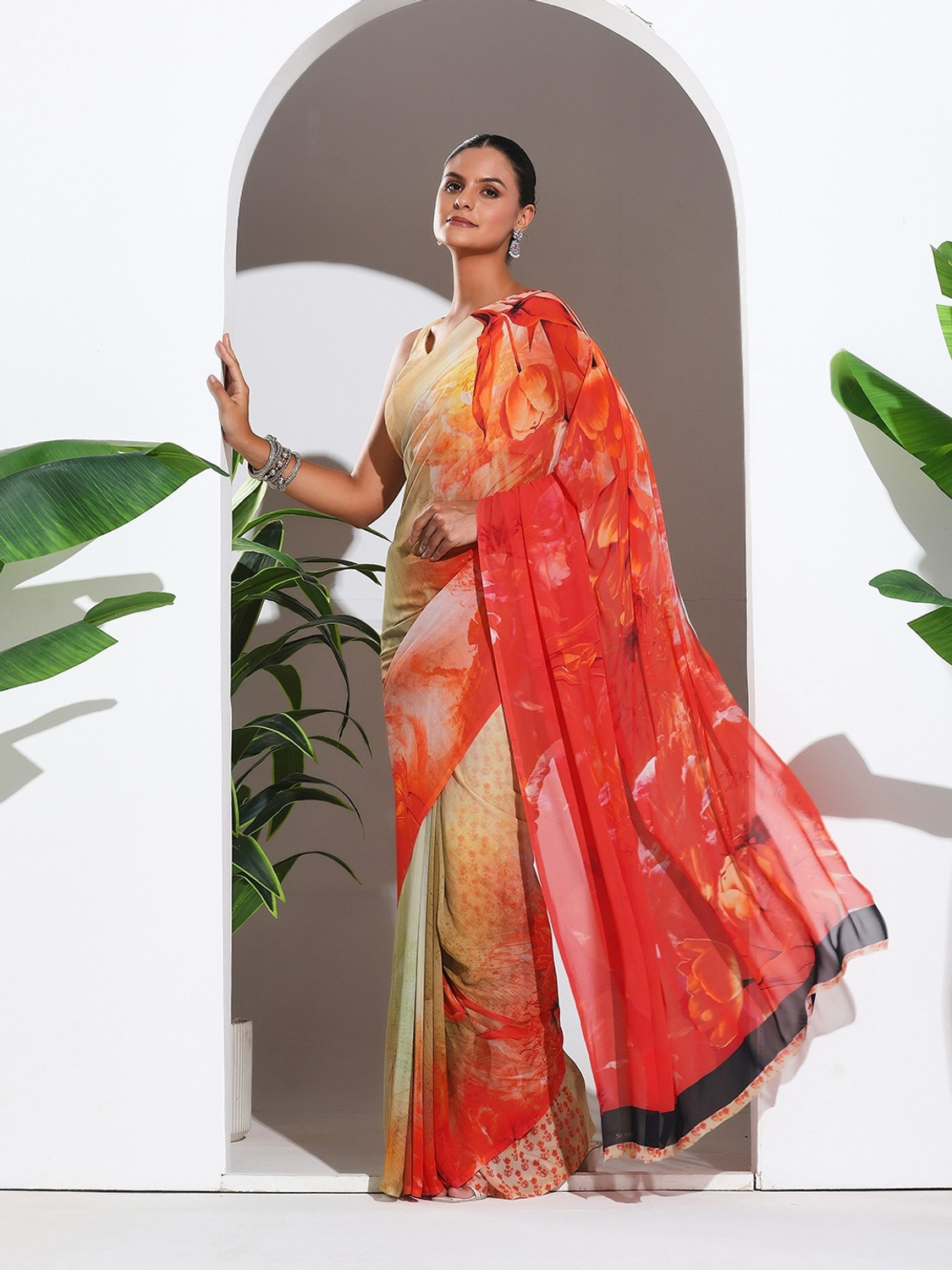 Image of Meena Bazaar Embroidered Bollywood Georgette Saree (Light Green)