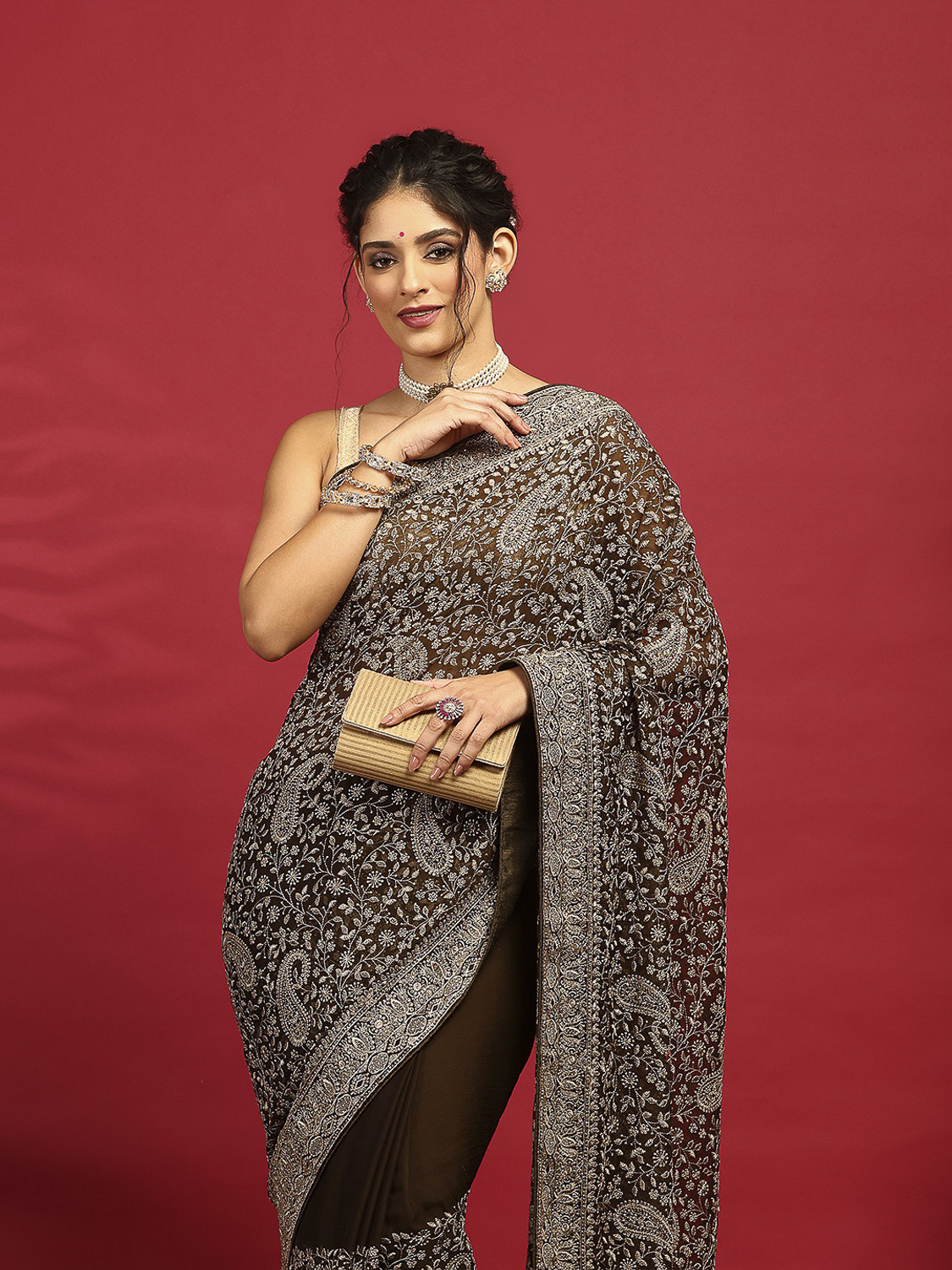 Image of Meena Bazaar Embroidered Bollywood Georgette Saree (Light Green)