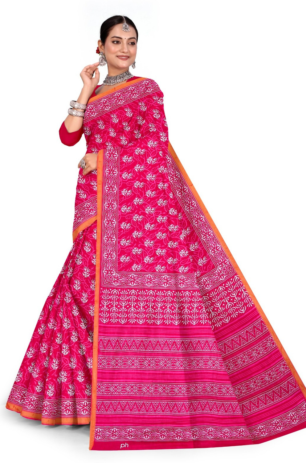 Image of RJ CREATION Floral Print, Printed, Geometric Print Daily Wear Pure Cotton Saree (Pink)