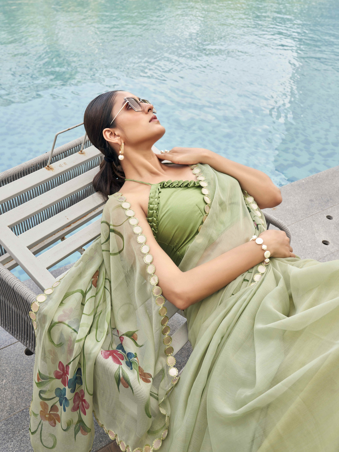 Image of Tikhi Imli Floral Print Bollywood Chiffon Saree (Green)
