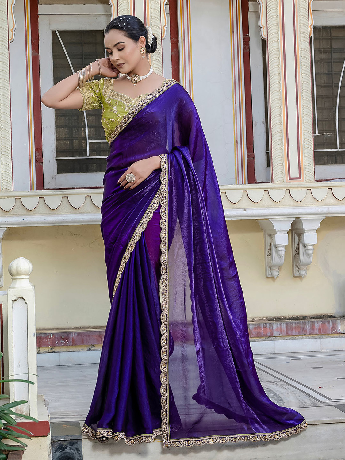 Image of Meena Bazaar Embroidered Bollywood Georgette Saree (Light Green)