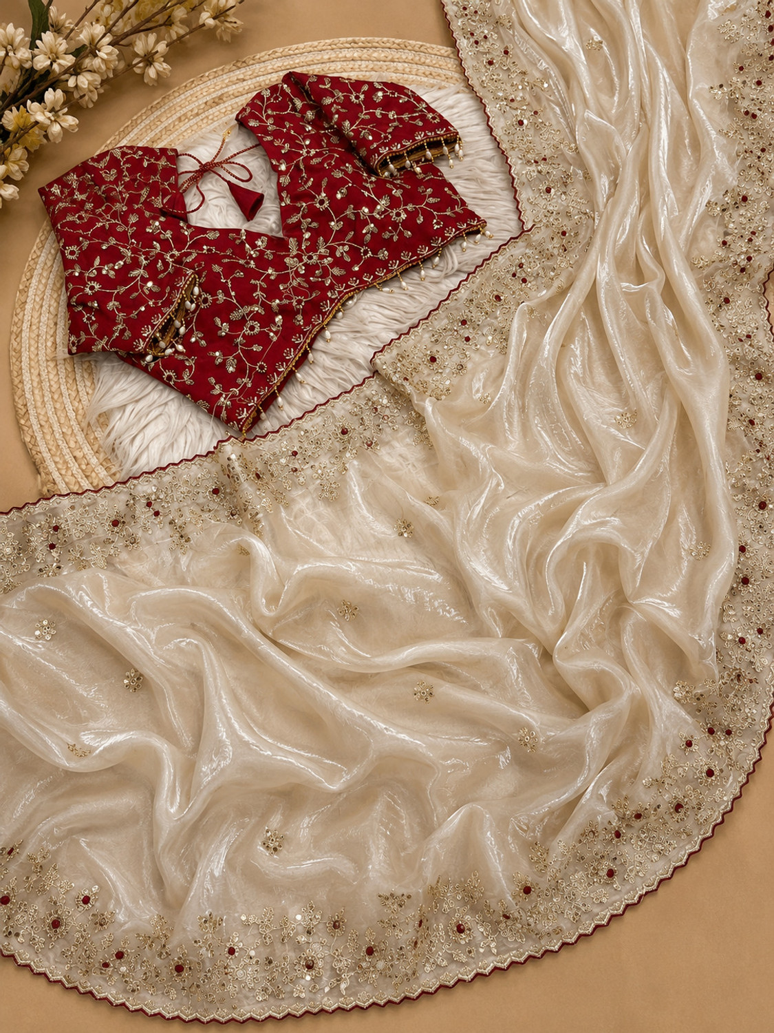 Image of Latavastra Embroidered, Embellished, Floral Print Banarasi Jimmy Jimmy, Chiffon Saree (Cream, Maroon)