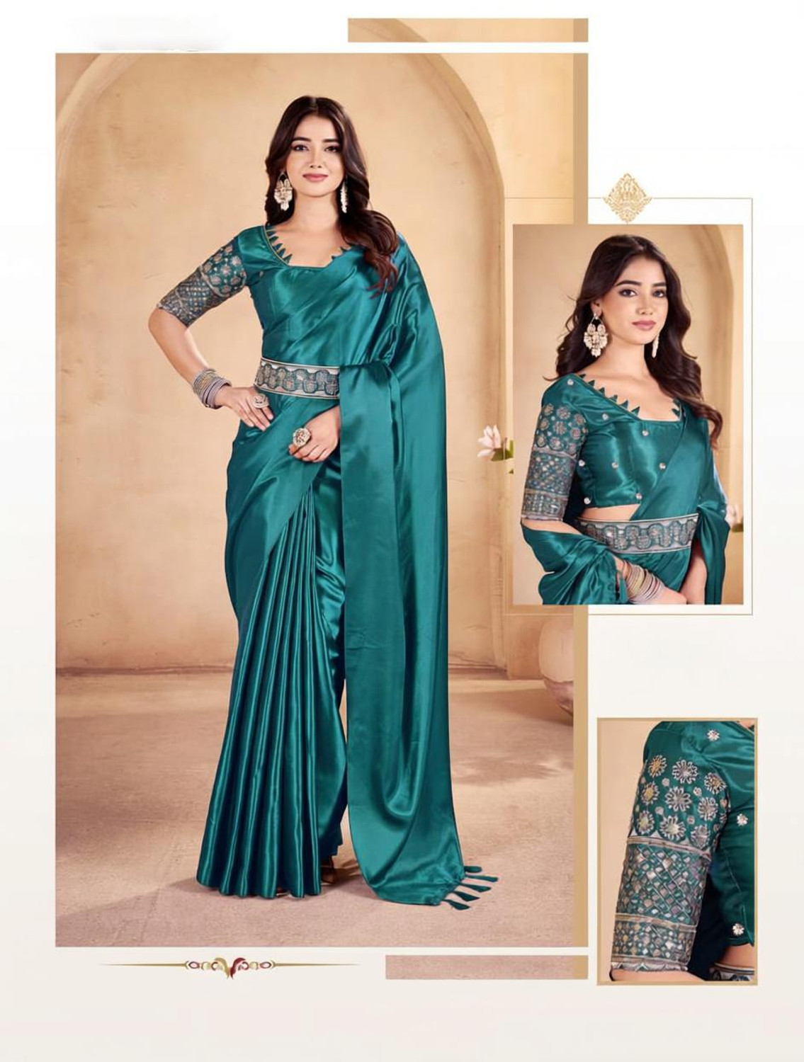 Image of CELEUM Embroidered Bollywood Satin Saree (Dark Green)