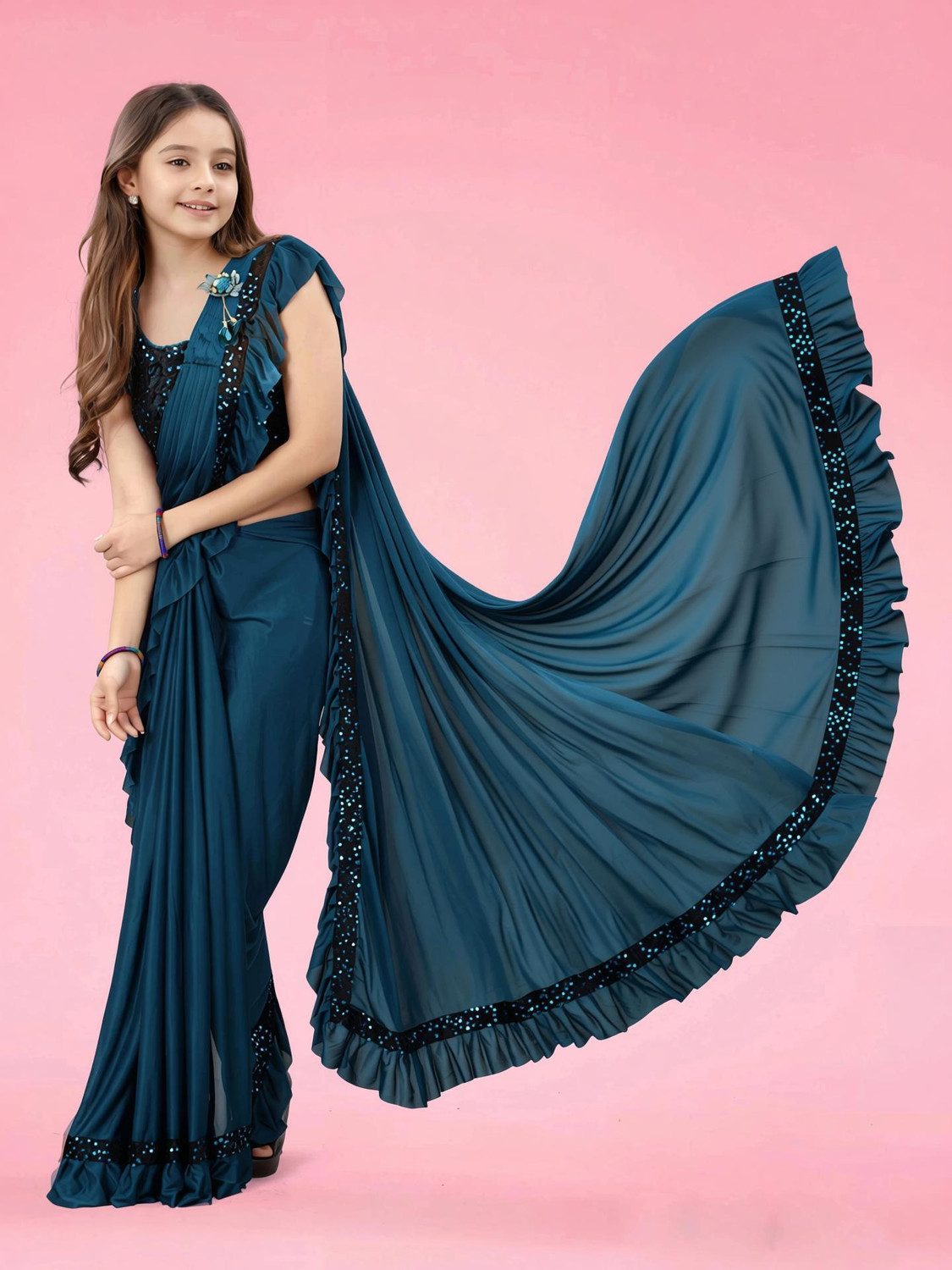 Image of SOLITIQ Ready to Wear Embroidered Pre Draped Saree Silk Blend Saree (Pink)