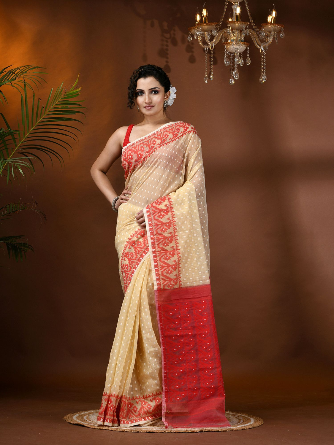 Image of Happy Creation Woven Jamdani Handloom Cotton Blend Saree (Multicolor)