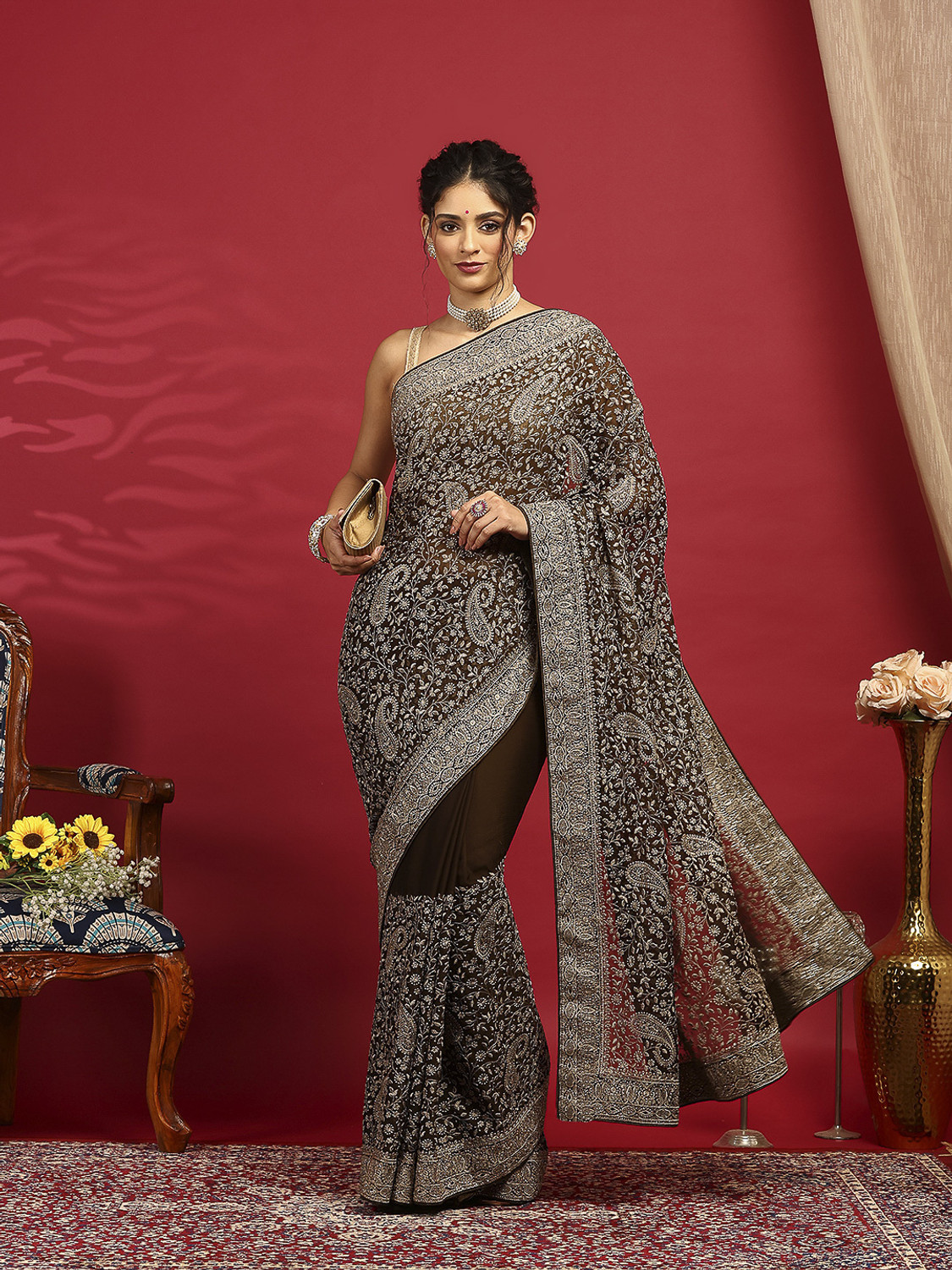Image of Meena Bazaar Embroidered Bollywood Georgette Saree (Light Green)