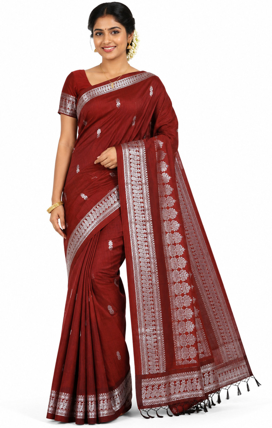 PME Woven Temple Border Kanjivaram Cotton Saree (Maroon) - Image 1