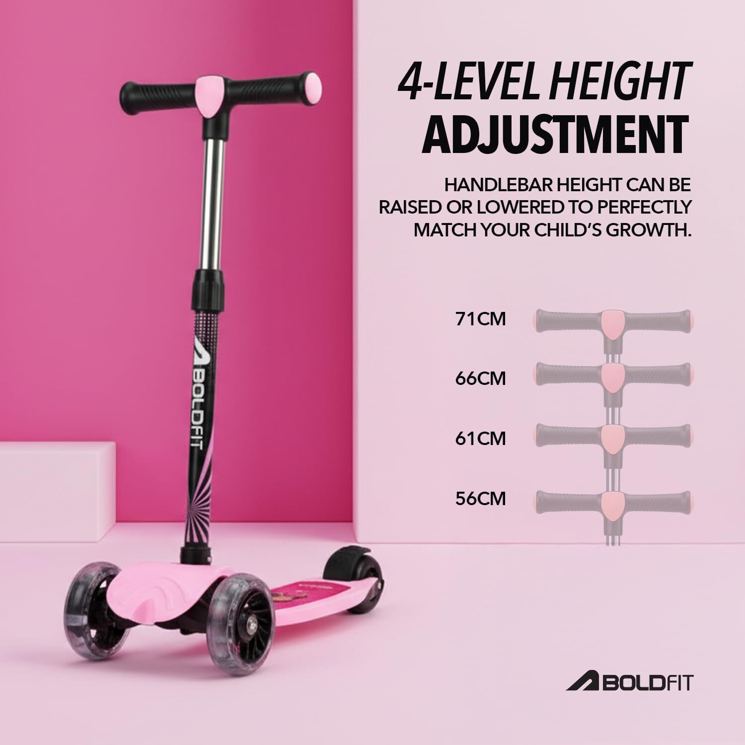 Image of BOLDFIT ZigFold-KS01 Kids Scooter with LED PU Wheels, Adjustable Height&Foldable Design Kids Scooter (Pink, Pack of 2)