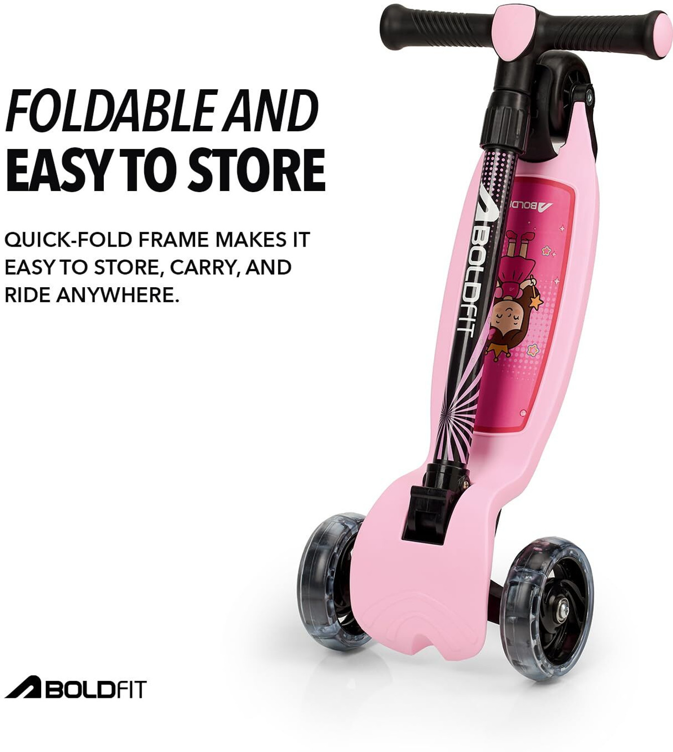 Image of BOLDFIT ZigFold-KS01 Kids Scooter with LED PU Wheels, Adjustable Height&Foldable Design Kids Scooter (Pink, Pack of 2)
