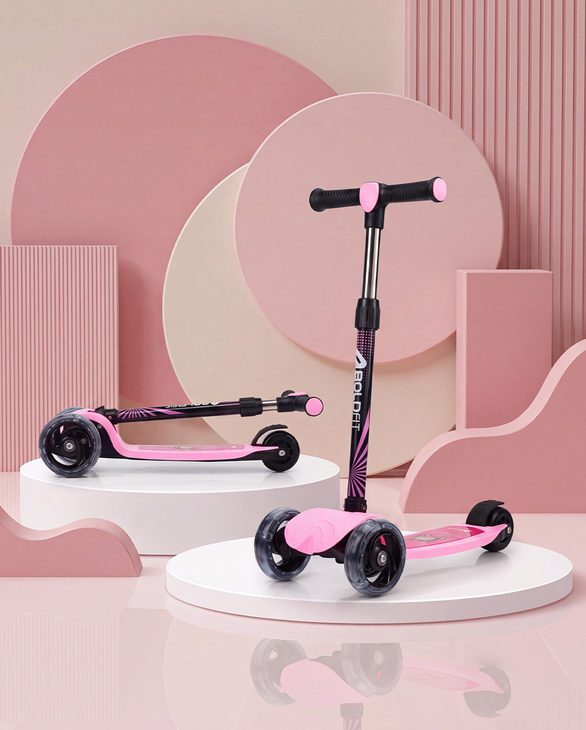 Image of BOLDFIT ZigFold-KS01 Kids Scooter with LED PU Wheels, Adjustable Height&Foldable Design Kids Scooter (Pink, Pack of 2)