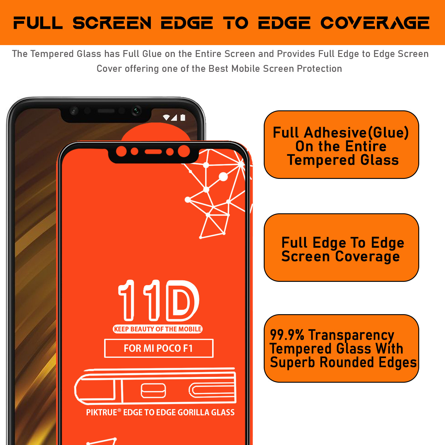 Image of PikTrue Edge To Edge Tempered Glass for POCO F1 (Pack of 5)